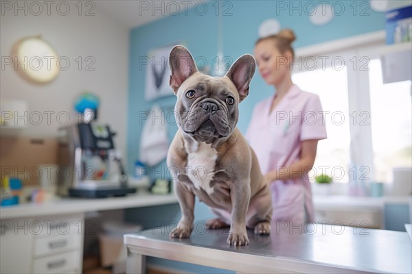 Bulldog dog at vet. Sitting on examination table at veterinary practice clinic. KI generiert, generiert, AI generated