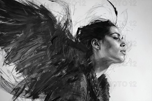 Side profile of a woman with hinted wings in a dynamic black and white sketch, raven woman, cover design, AI generated, AI generated