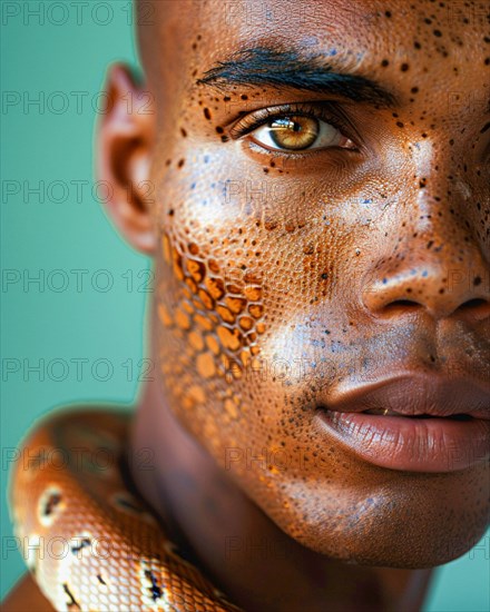 Richly textured close-up portrait focusing on an eye, with snake patterned skin, blurry teal turquoise solid background, beauty studio, fashion artsy make up, high concept potraiture, AI generated