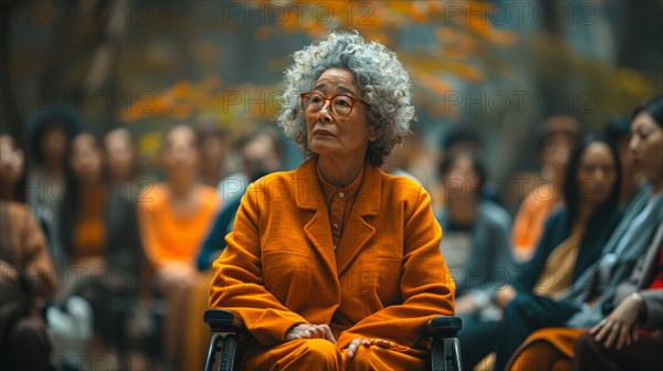 An elderly asian woman in a wheelchair attentively listening at a public speaking event, AI generated