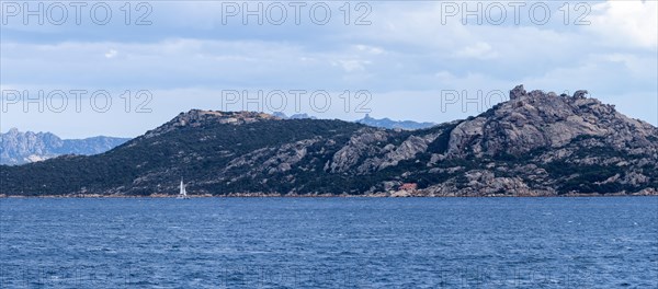 Sailing ship, Bear Rock of Palau, landmark for sailors, panoramic view, near Palau, Sardinia, Italy, Europe