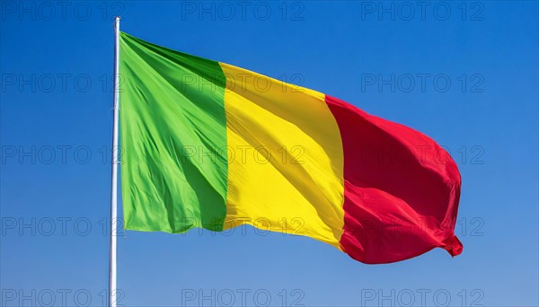 The flag of Mali, fluttering in the wind, isolated, against the blue sky