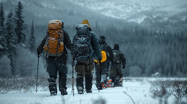 A group of hikers with backpacks trekking in a snowy winter landscape, AI generated
