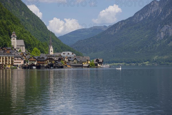 Hallstatt, a charming village on the Hallstattersee lake and a famous tourist attraction, with beautiful mountains surrounding it, in Salzkammergut region, Austria, in summer sunny day, Europe