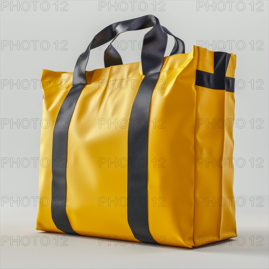 Vibrant yellow fabric shopping bag with black straps and a minimalist design, ai generated, AI generated