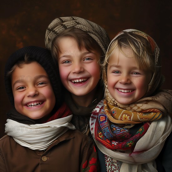 Three children in winter clothes with beaming smiles in a warm embrace, group picture with smiling children of different nationalities and cultures, KI generated, AI generated
