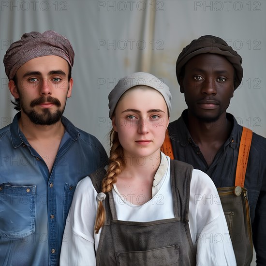 Three young people with simple headgear look seriously into the camera, group picture with people in work clothes of different nationalities and cultures, AI generated