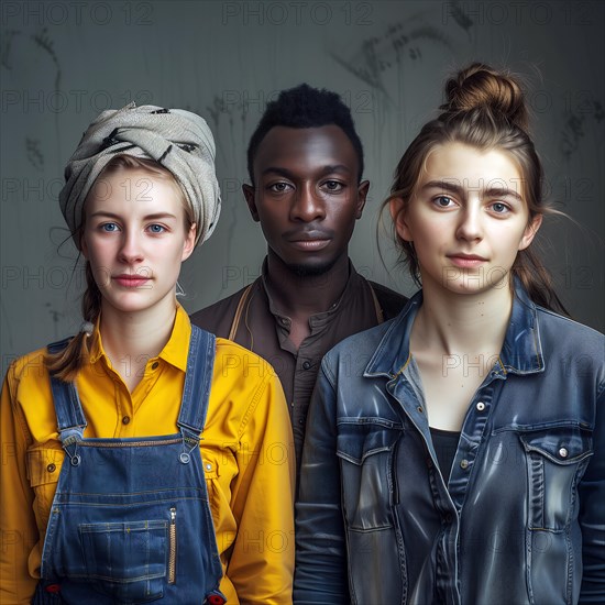 A serious portrait of three young adults in front of a neutral background, group picture with people in work clothes of different nationalities and cultures, AI generated