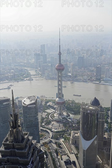 View from the 632 metre high Shanghai Tower, nicknamed The Twist, Shanghai, People's Republic of China, view from above of a city with a river, surrounded by tall buildings, Shanghai, China, Asia