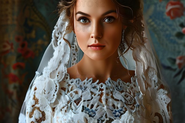 AI generated traditional bridal portrait with digital floral patterns