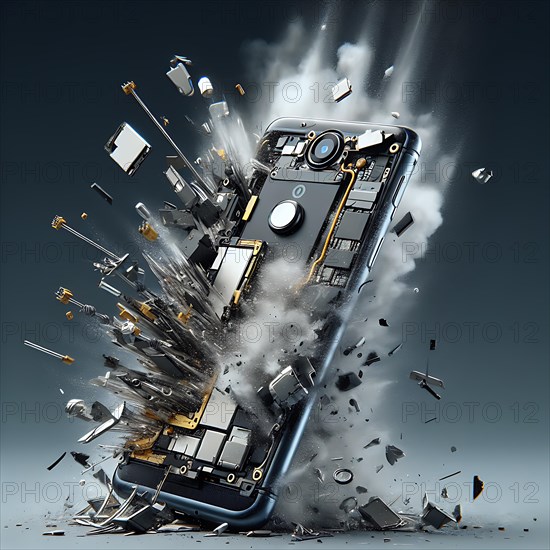 The inner workings of a smartphone become visible in a violent explosion, mobile phone smartphone battery explosion, AI generated