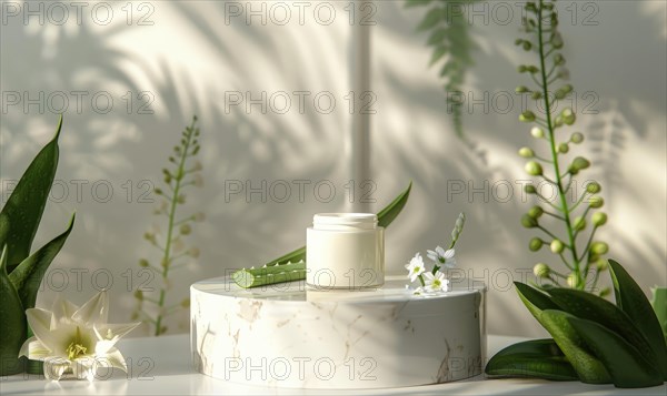 Aloe vera gel product promotion featuring a blank jar mockup showcased on a marble produce podium AI generated