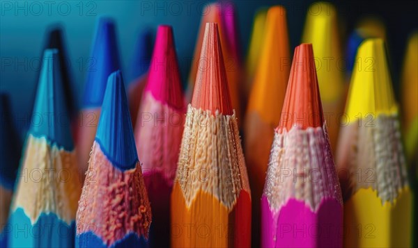 Close-up of a bunch of colored pencils, abstract background with colored pencils macro view AI generated