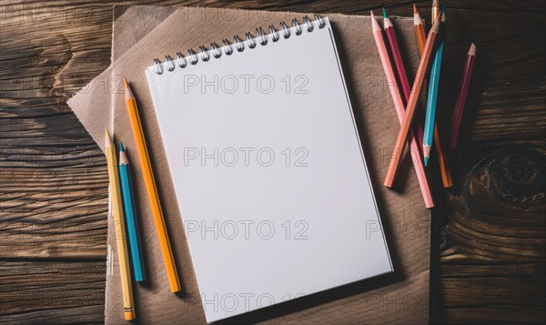 A sketchbook open to a blank page with graphite pencils beside it AI generated