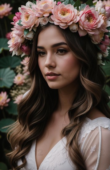 Beautiful young woman with flowers in hair looking at camera isolated on grey. ai generative, AI generated