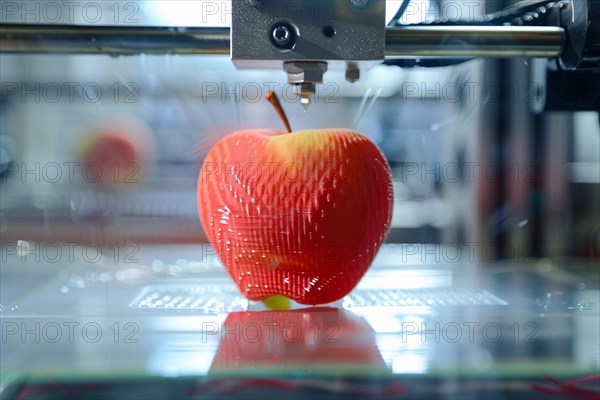 Red apple being printed by 3D printer. KI generiert, generiert, AI generated