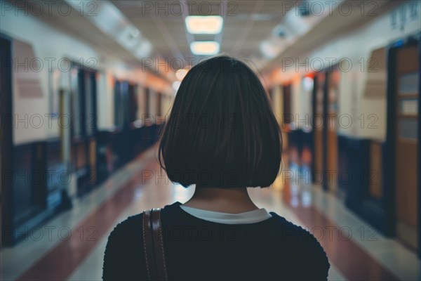 Back view of young teenager girl in empty high school corridor. KI generiert, generiert, AI generated