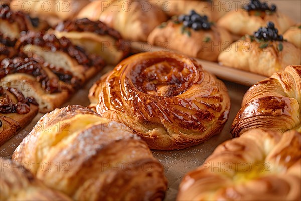 Close up of different baked pastries. KI generiert, generiert, AI generated