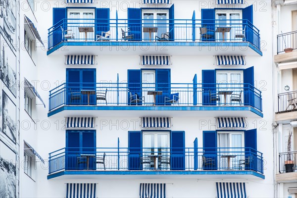 Balconies of a hotel on the seafront promenade in Sitges, Spain, Europe