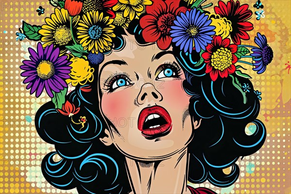 Astonished woman in pop art style with a multitude of flowers in front of a yellow dot pattern, AI generated, AI generated