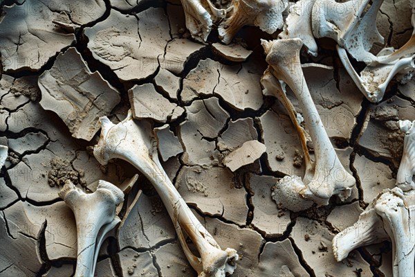 Animal bones on cracked dry earth. Global warming and water scarcity concept. KI generiert, generiert, AI generated