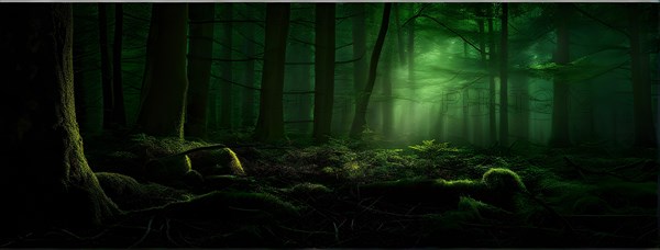 AI generated ethereal mystical forest scene with digital glow effects