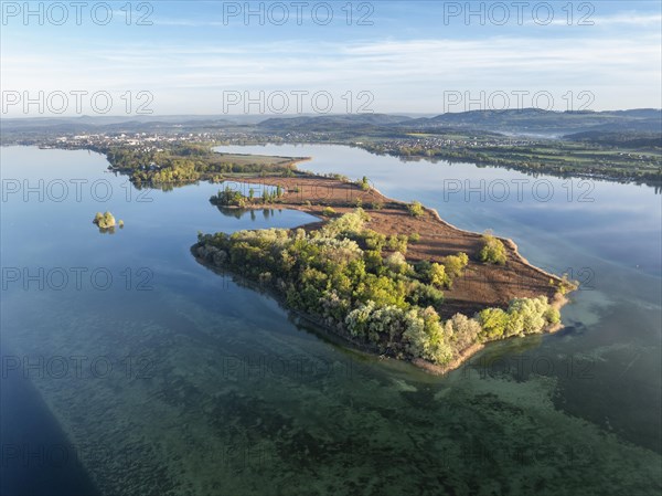 Aerial view of the Mettnau peninsula with spring-like vegetation, on the horizon the town of Radolfzell on Lake Constance, behind it the Hegauberge mountains in the district of Constance, Baden-Wuerttemberg, Germany, Europe