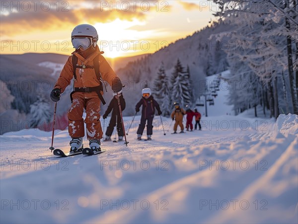 Children are traveling with a ski school in the mountains and learning to ski, AI generated