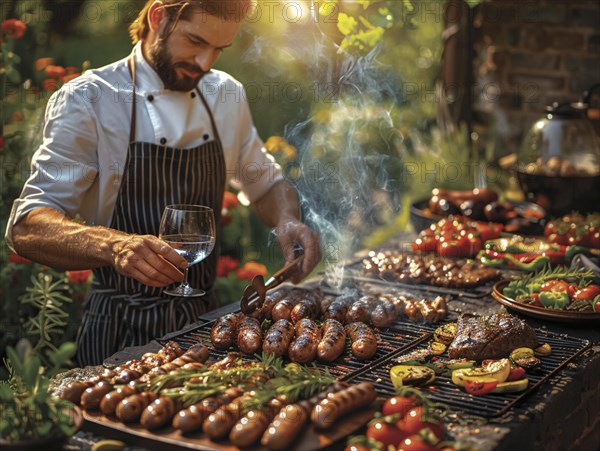 Barbecue party, guests with glasses in their hands stand around a chef who is grilling sausages and steaks, AI generated