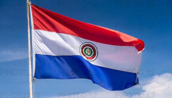 The flag of Paraguay flutters in the wind, isolated against a blue sky