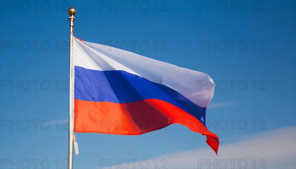 The flag of Russia flutters in the wind, isolated against a blue sky