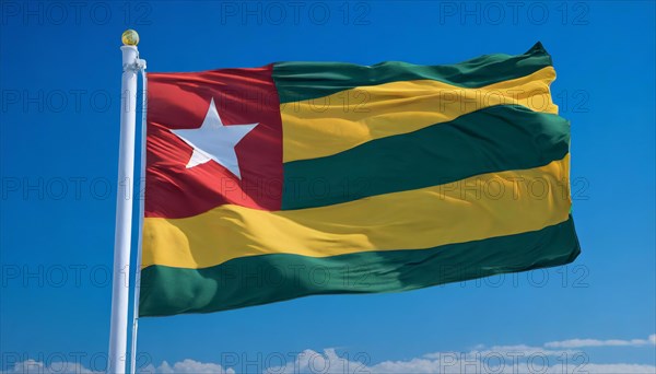 The flag of Togo flutters in the wind, isolated against a blue sky