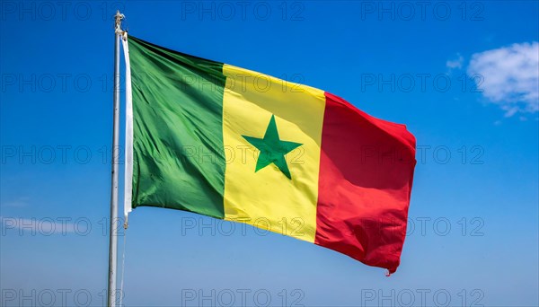 The flag of Senegal, fluttering in the wind, isolated, against the blue sky