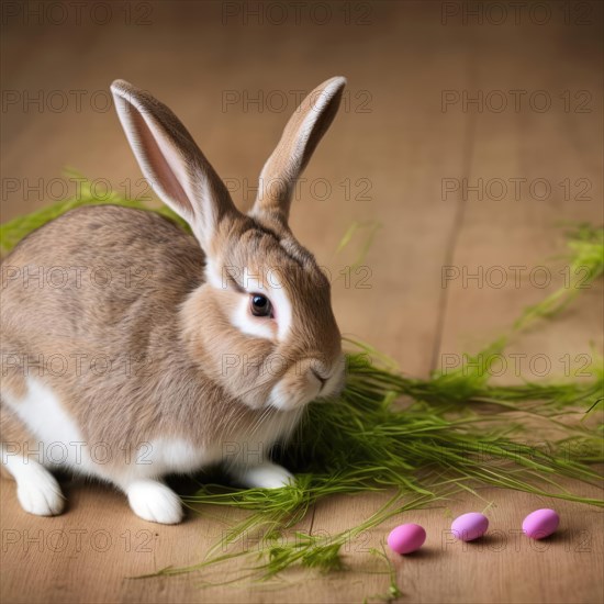 Easter bunny with decorated eggs. Generative AI image, AI generated