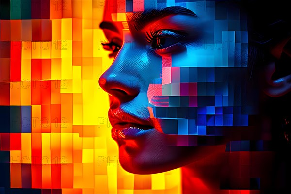 AI generated human portrait transitioning from lifelike human to a pixelated digital effect