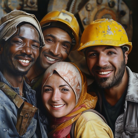 A portrait of smiling workers from different backgrounds, painted in a realistic style, group picture with international employees and colleagues, AI generated
