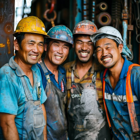 Cheerful workers in blue overalls laugh and enjoy the camaraderie, group photo with international employees and colleagues, KI generated, AI generated