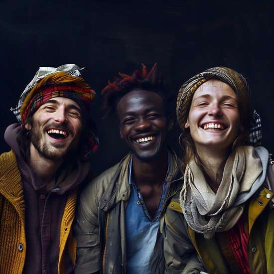 Hearty laughter and expressive joy among three friends in colourful clothes, group picture with people in work clothes of different nationalities and cultures, KI generated, AI generated