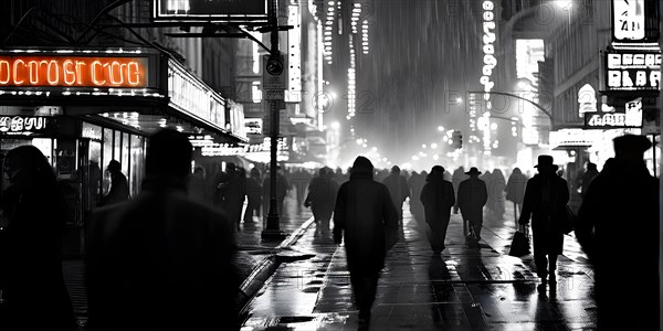 AI generated bustling street scene monochromatic snapshot with colorful digital elements