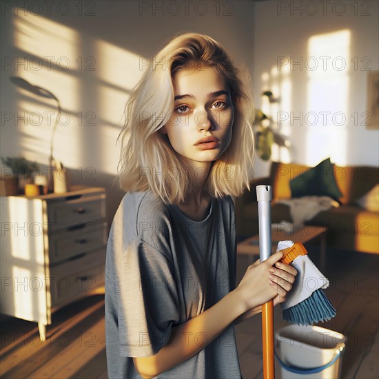 An anxious young woman with cleaning tools stands in a sunlit room, No desire to clean up, AI generated