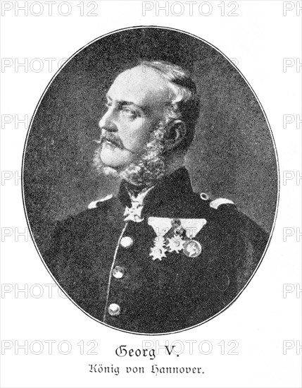 Historical portrait of George V, King of Hanover, portrait of a man in military uniform with beard and many medals and decorations, expressive facial expression, black and white print with visible halftone dots, historical illustration from 'Zur Erinnerung an die Koeniglich Hannoversche Armee und ihre Stammtruppen', commemorative sheet for the celebration of 19 December 1903, Meisenbach, Riffarth & Co, Germany, Europe