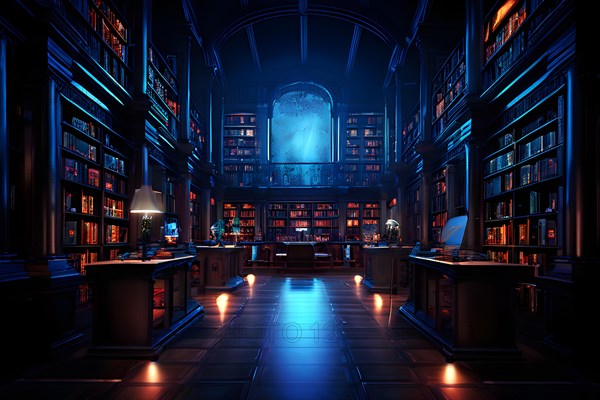 AI generated old library with antique wooden bookshelves