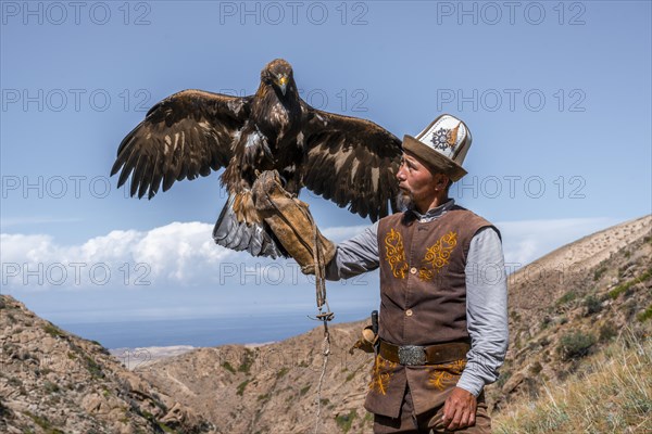 Traditional Kyrgyz eagle hunter with eagle in the mountains, hunting, eagle spreads its wings, near Bokonbayevo, Issyk Kul region, Kyrgyzstan, Asia