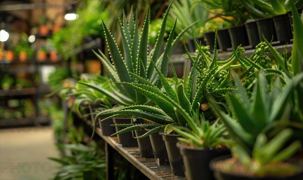 Aloe vera plants lining the shelves of a botanical shop AI generated