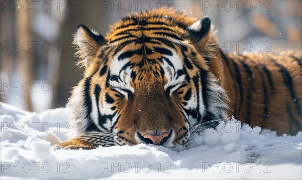 Close-up of a Siberian tiger resting in the snow AI generated