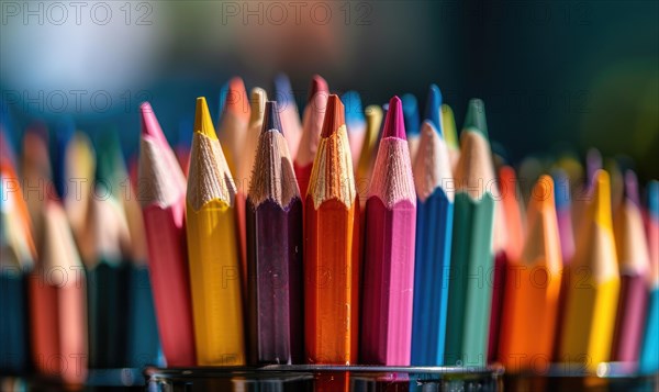 Close-up of a bunch of colored pencils, abstract background with colored pencils macro view AI generated