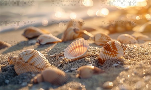 Close-up of seashells scattered along the sandy shore AI generated