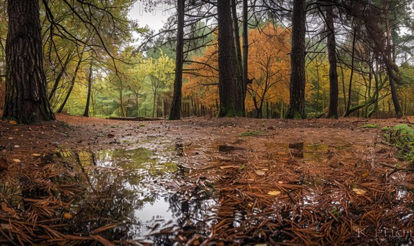 A serene woodland scene with a carpet of cedar needles AI generated