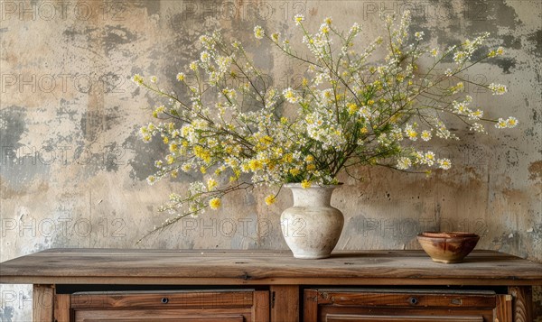 A vintage dresser adorned with a vase of yellow and white wild flowers AI generated