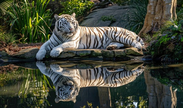 A white tiger lounging gracefully by a tranquil pond AI generated